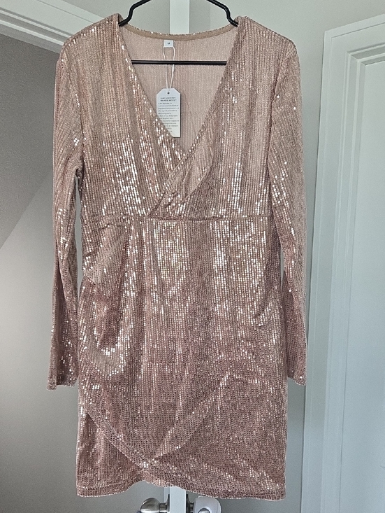 Dresses & Skirts - Long Sleeve Sequin Wrap Dress in Blush Pink